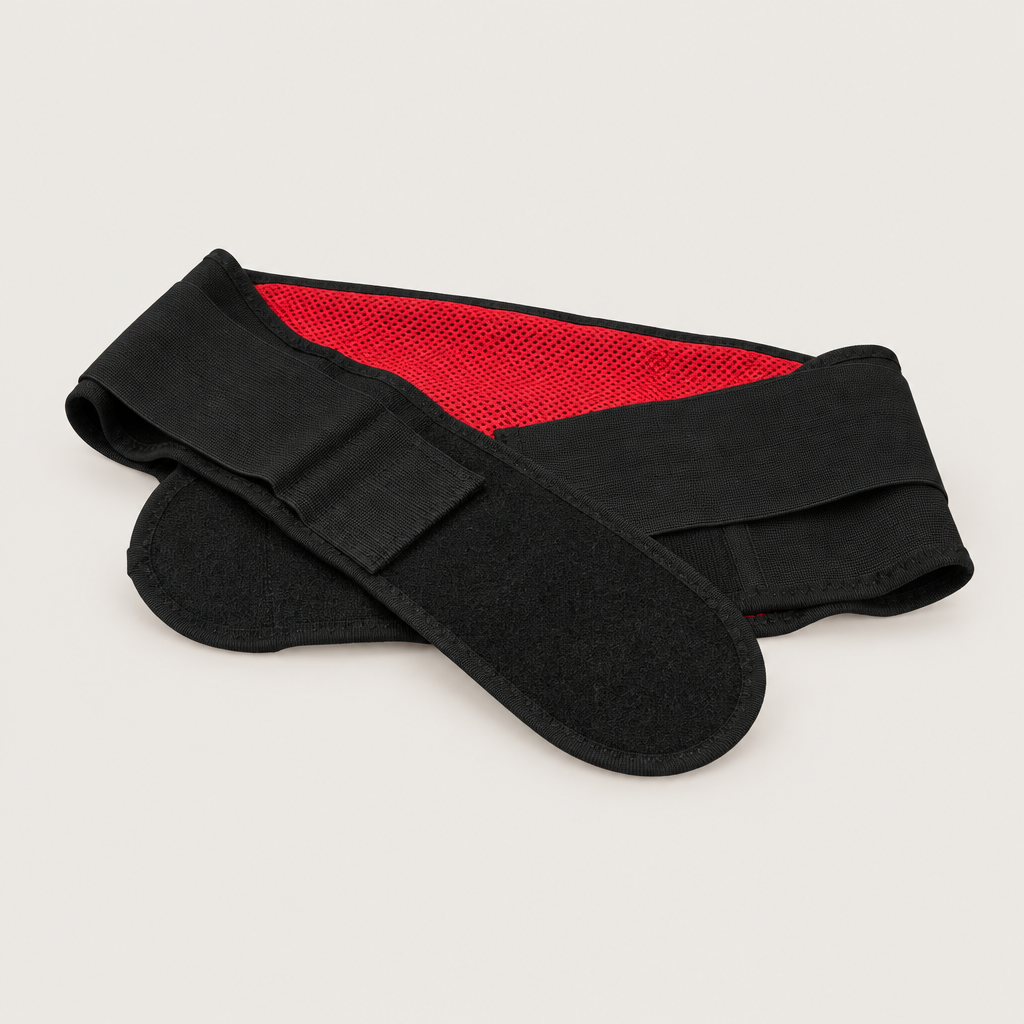 Cinturón lumbar negro con panel rojo de malla para levantamiento de pesas
