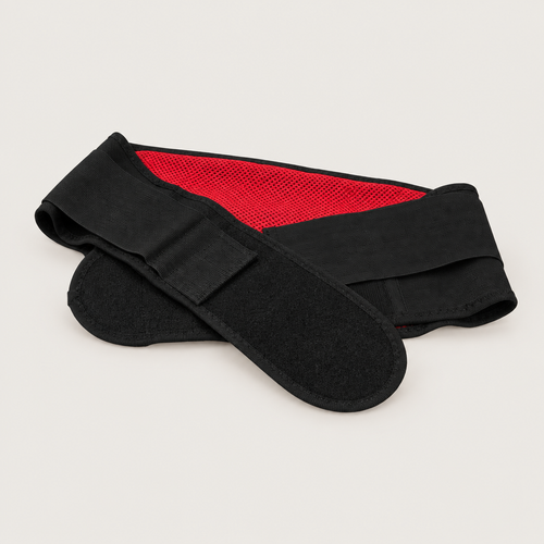Cinturón lumbar negro con panel rojo de malla para levantamiento de pesas